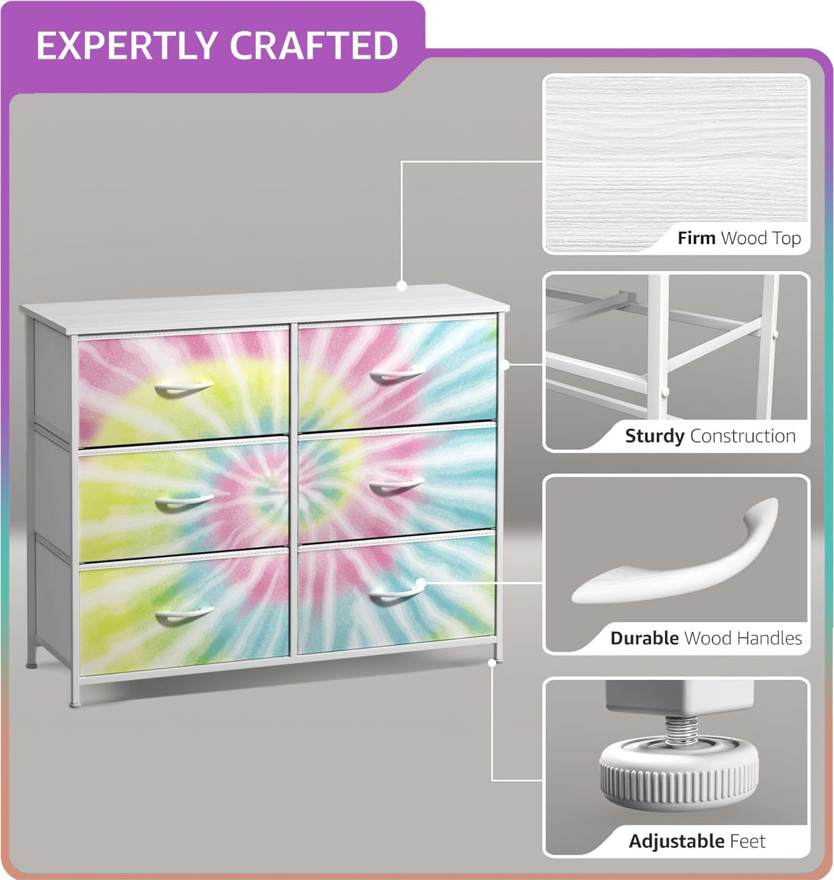 Dresser with Fabric Drawers & Wood Top (8 Drawer, Watercolor)