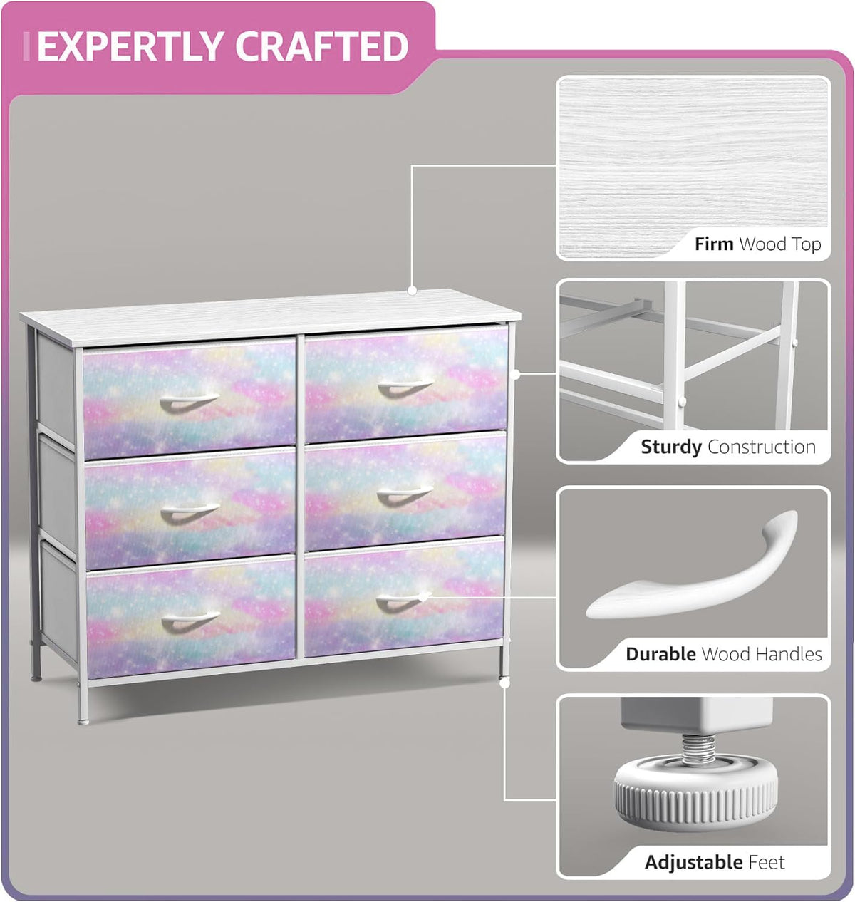 Dresser with Fabric Drawers & Wood Top (8 Drawer, Watercolor)