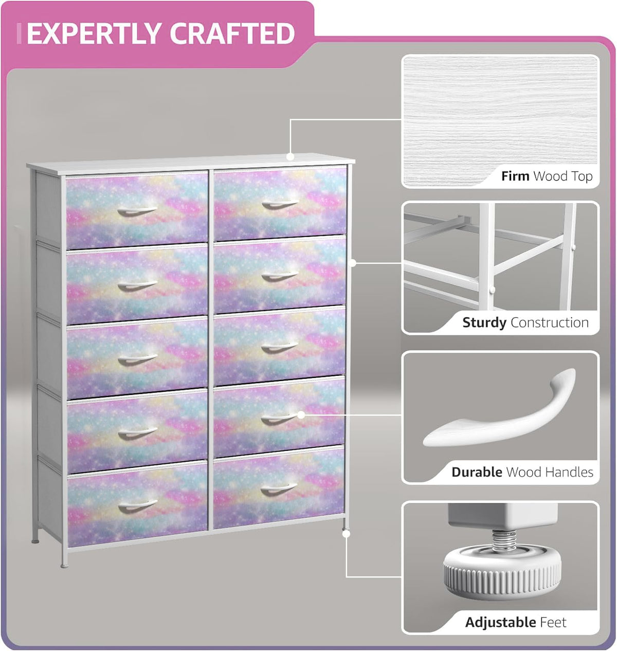 Dresser with Fabric Drawers & Wood Top (8 Drawer, Watercolor)