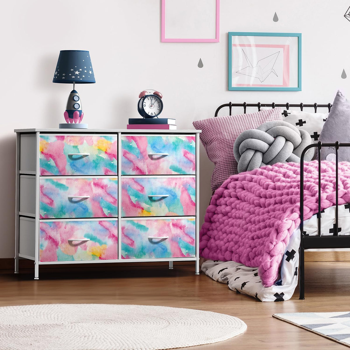Dresser with Fabric Drawers & Wood Top (8 Drawer, Watercolor)