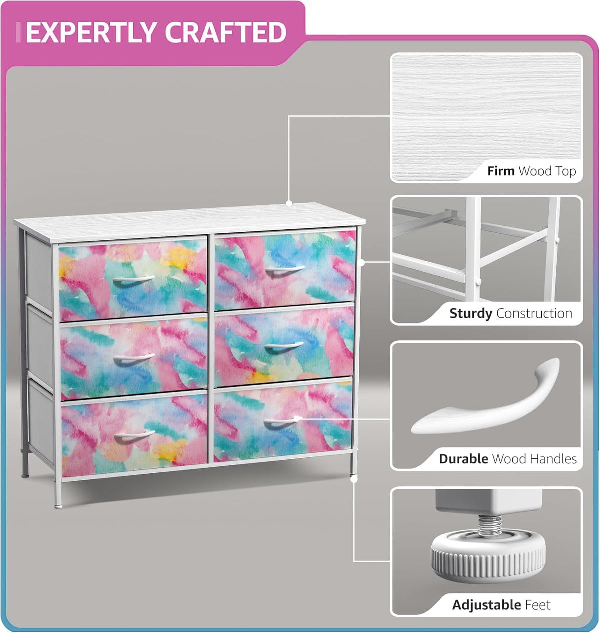 Dresser with Fabric Drawers & Wood Top (8 Drawer, Watercolor)