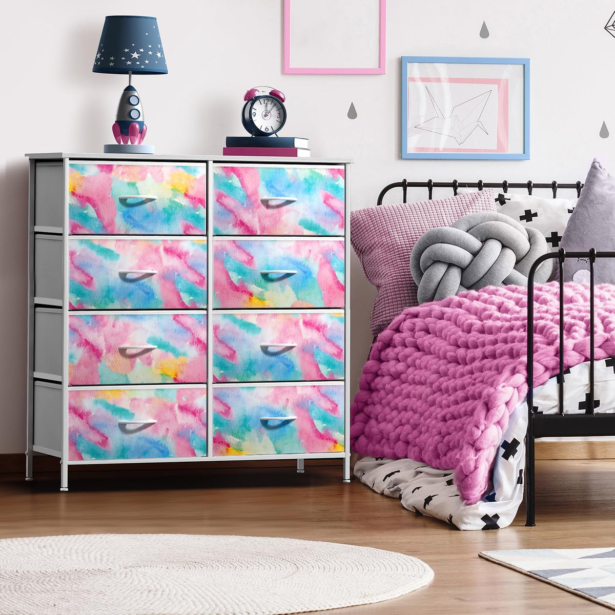 Dresser with Fabric Drawers & Wood Top (8 Drawer, Watercolor)