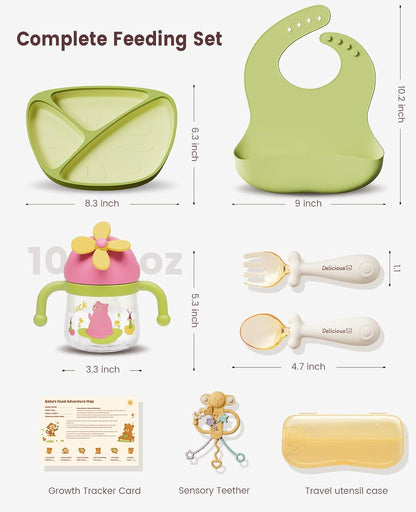 Silicone Baby Feeding Set, Toddler Plates Set 8 PCS – Suction Plate, Spoons, Forks, Bibs and Sippy Cups, Baby Led Weaning Essential, BPA-Free Baby Dishes & Utensils, Dishwasher Safe