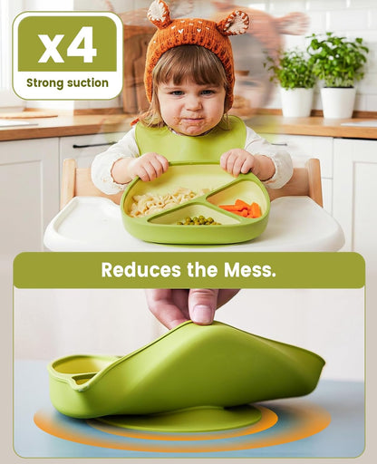 Silicone Baby Feeding Set, Toddler Plates Set 8 PCS – Suction Plate, Spoons, Forks, Bibs and Sippy Cups, Baby Led Weaning Essential, BPA-Free Baby Dishes & Utensils, Dishwasher Safe