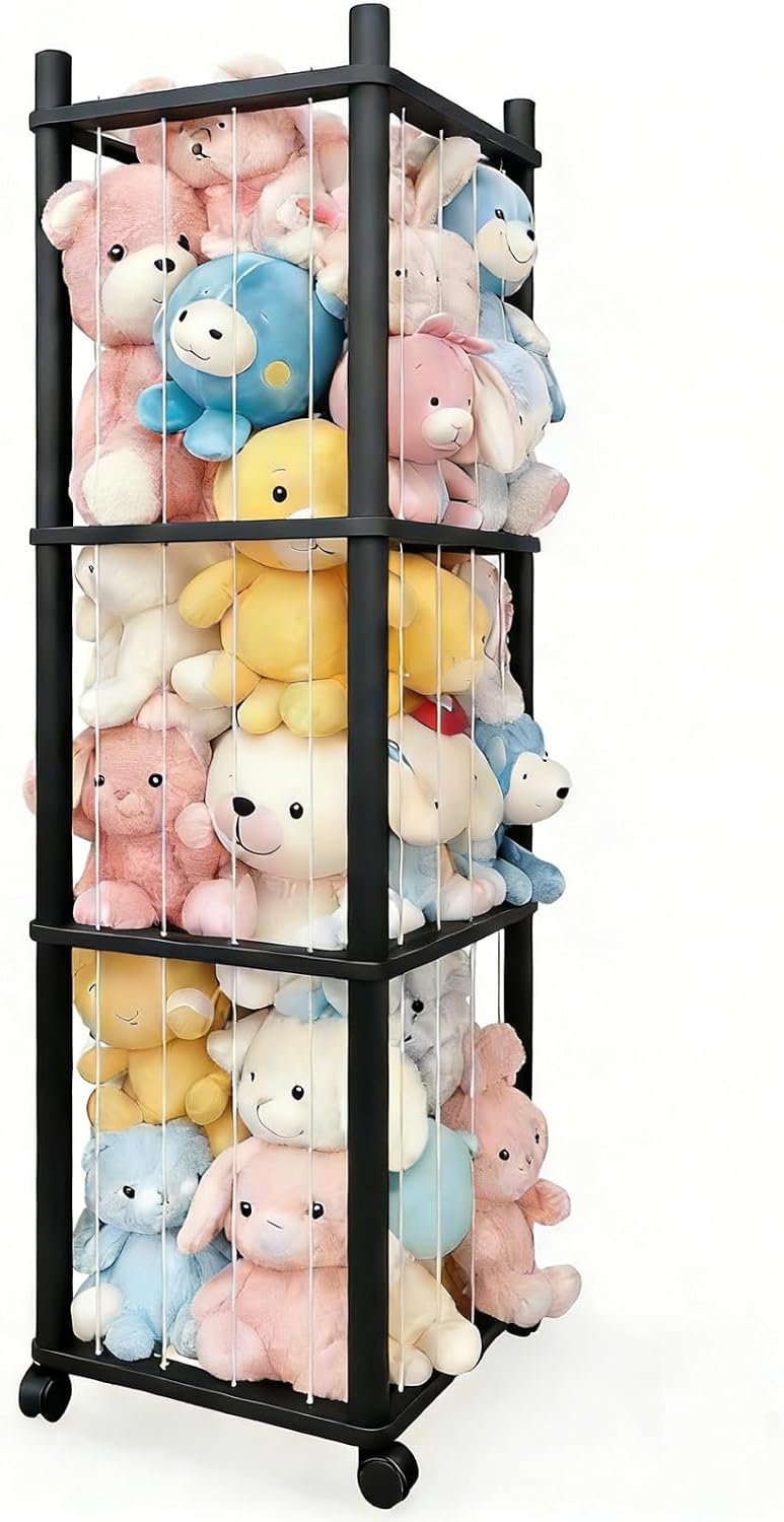 Stuffed Animal Zoo Storage with Lockable Wheels, Black