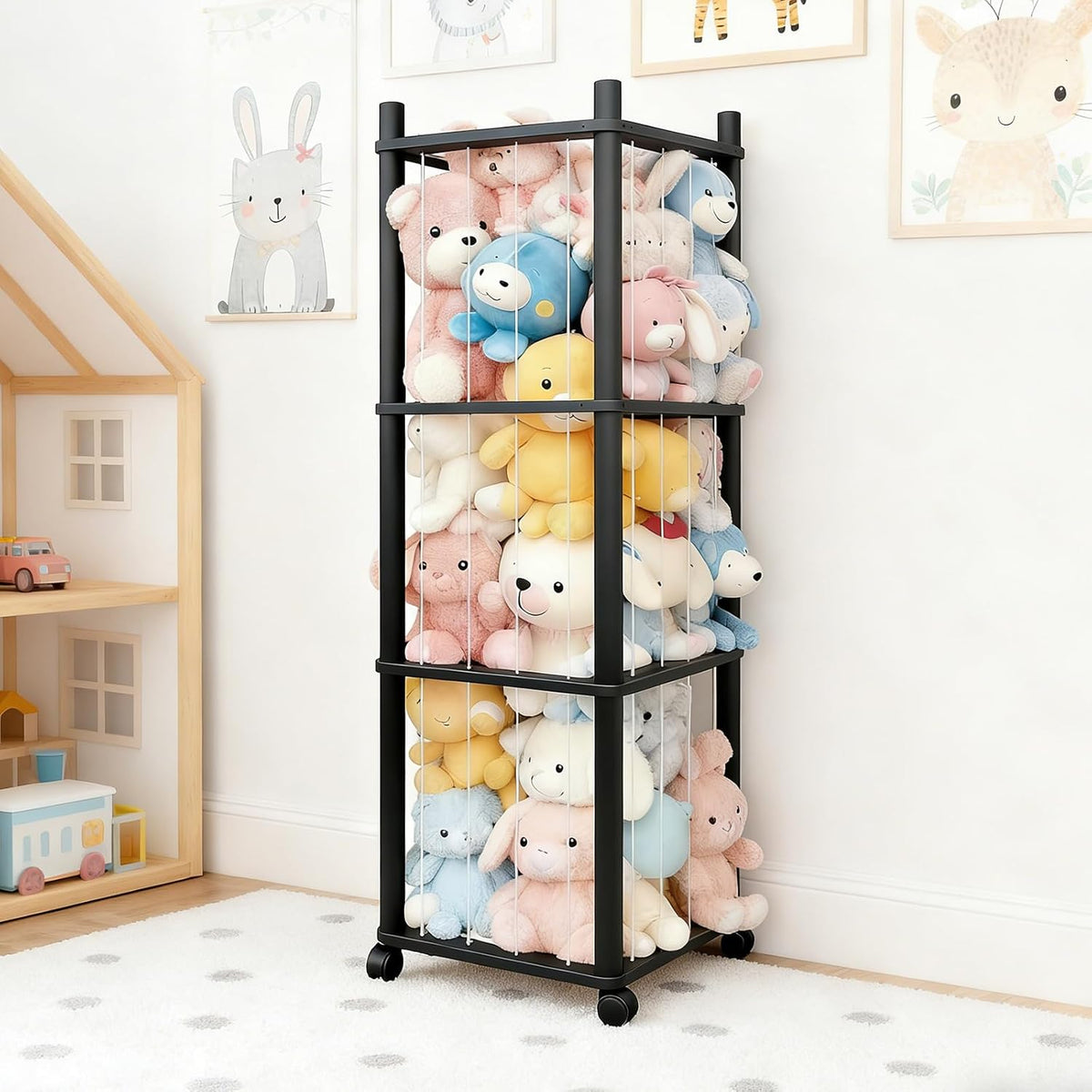 Stuffed Animal Zoo Storage with Lockable Wheels, Black