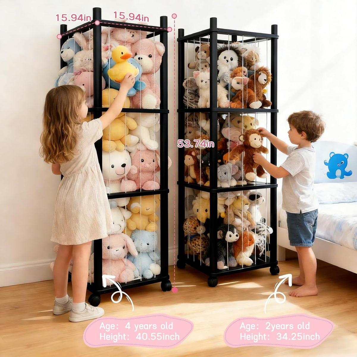 Stuffed Animal Zoo Storage with Lockable Wheels, Black