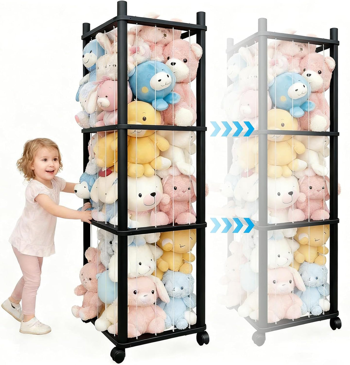 Stuffed Animal Zoo Storage with Lockable Wheels, Black