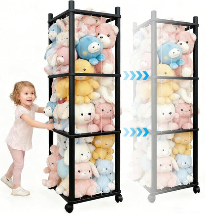 Stuffed Animal Zoo Storage with Lockable Wheels, Black