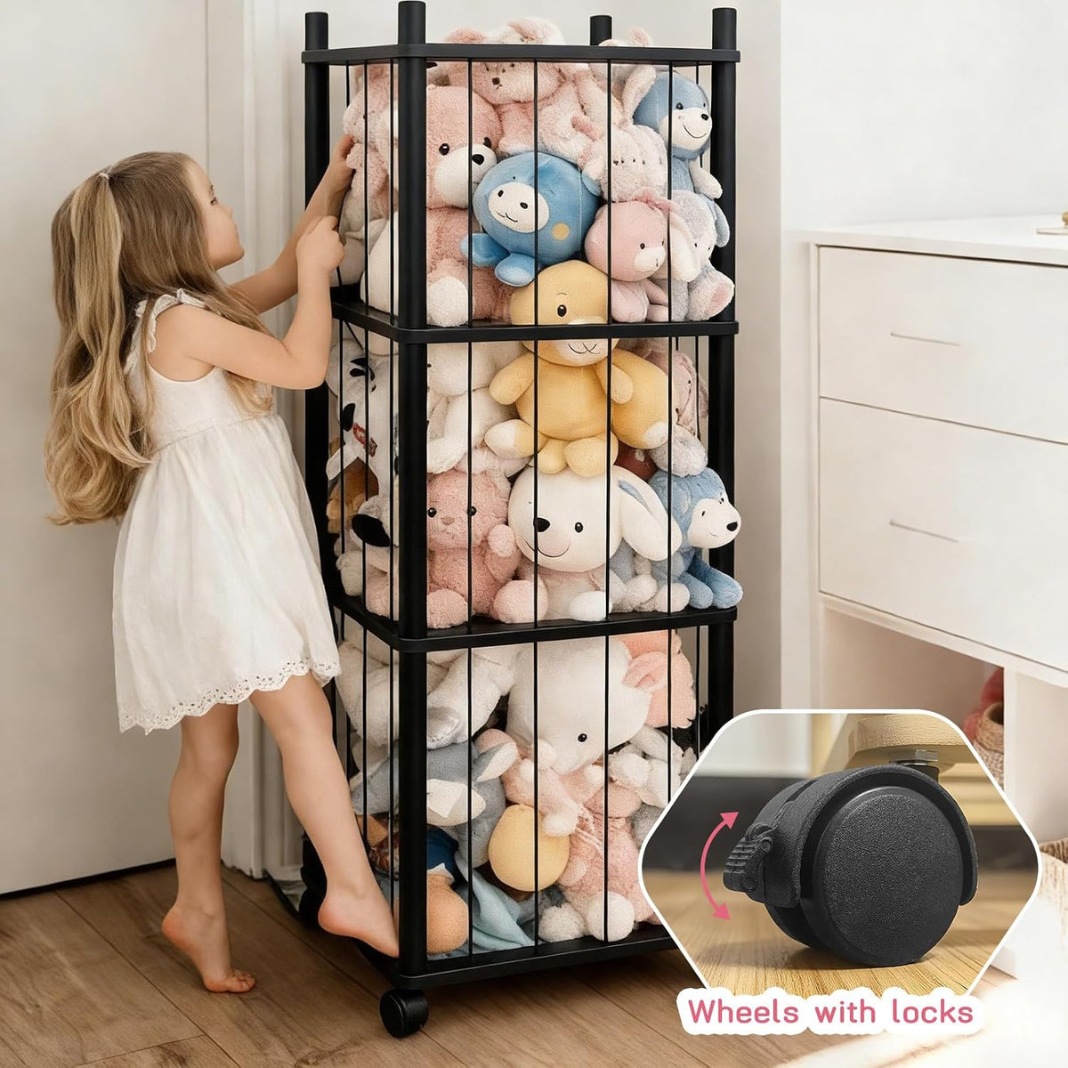 Stuffed Animal Zoo Storage with Lockable Wheels, Black