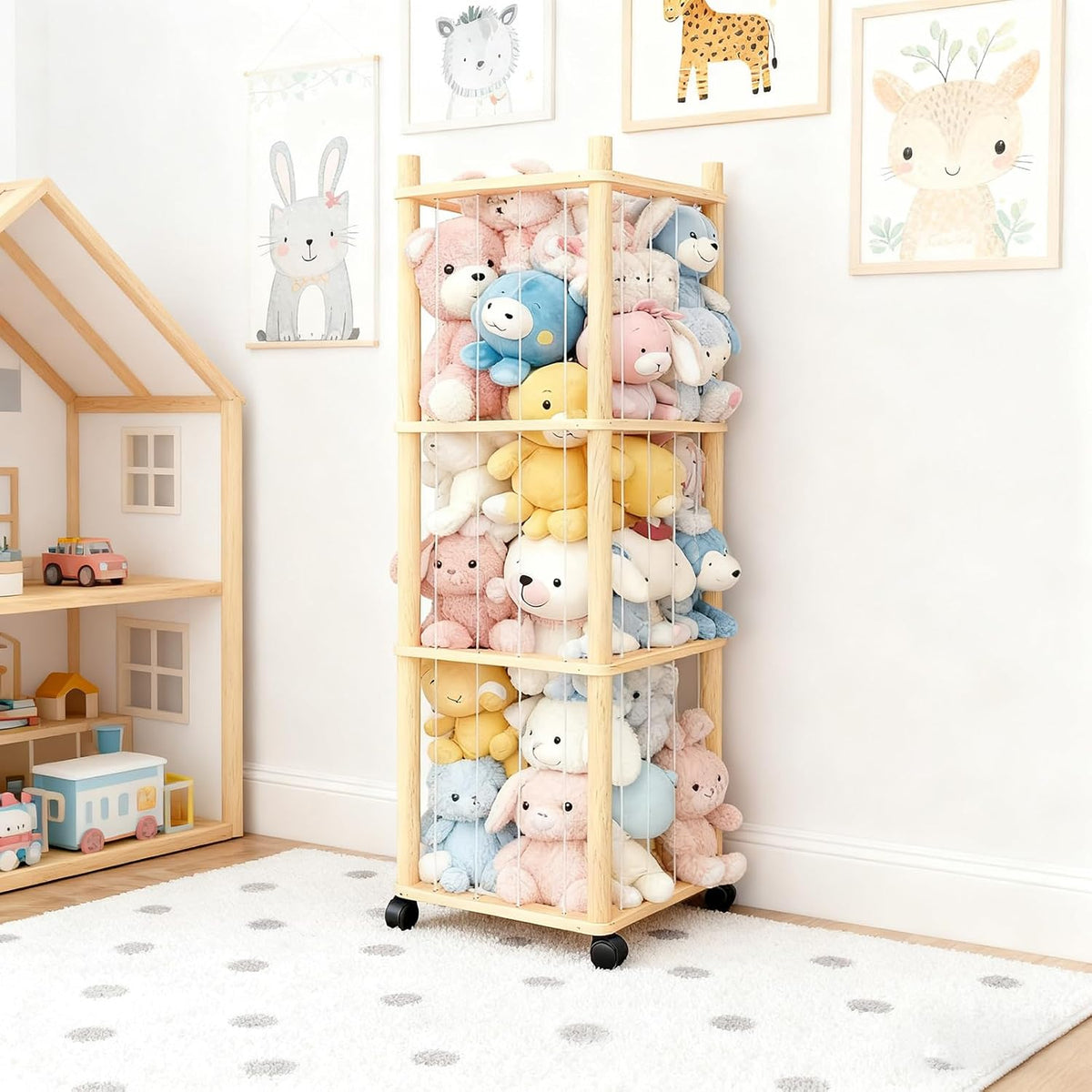 Stuffed Animal Zoo Storage with Lockable Wheels, Black