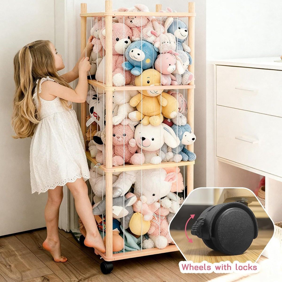 Stuffed Animal Zoo Storage with Lockable Wheels, Black