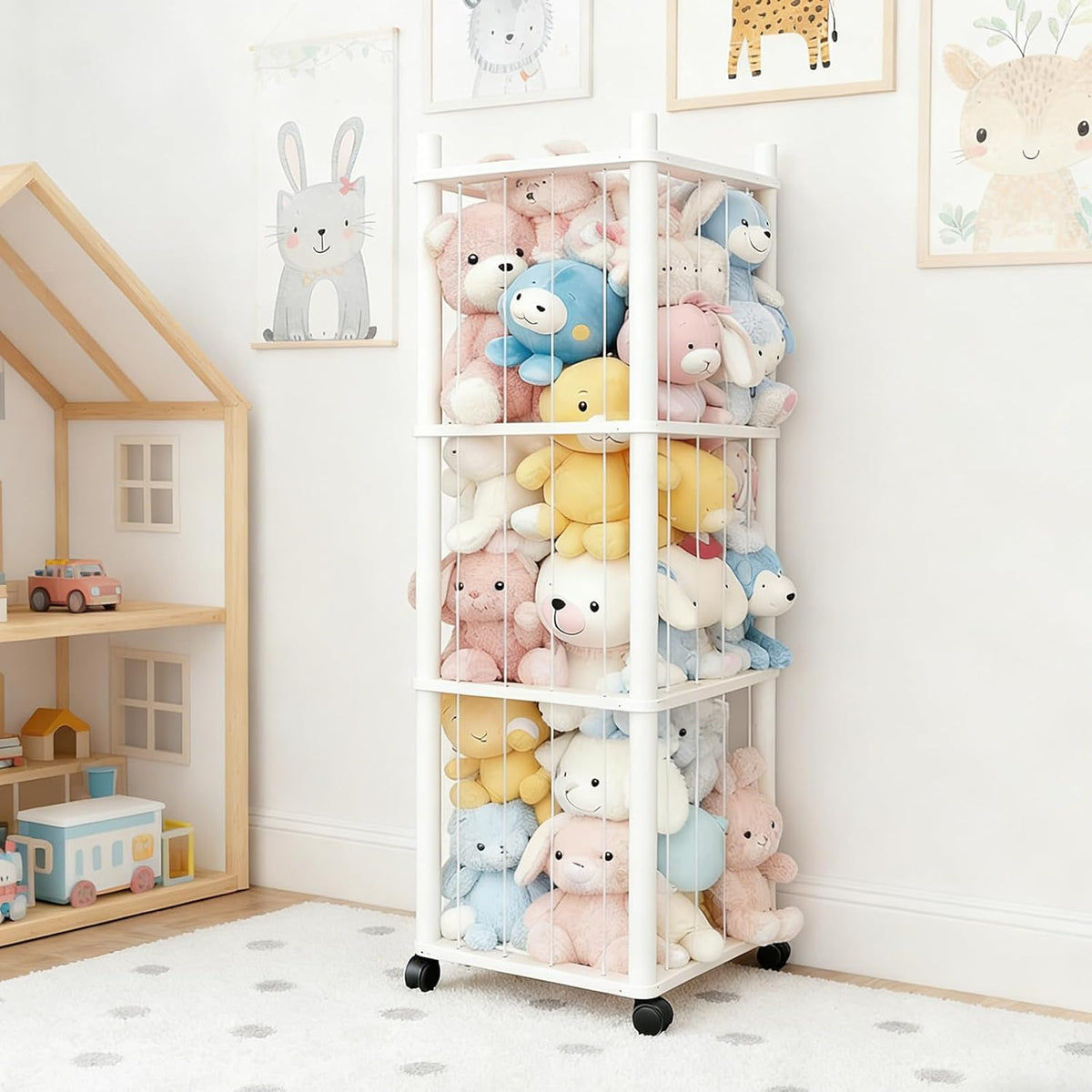 Stuffed Animal Zoo Storage with Lockable Wheels, Black