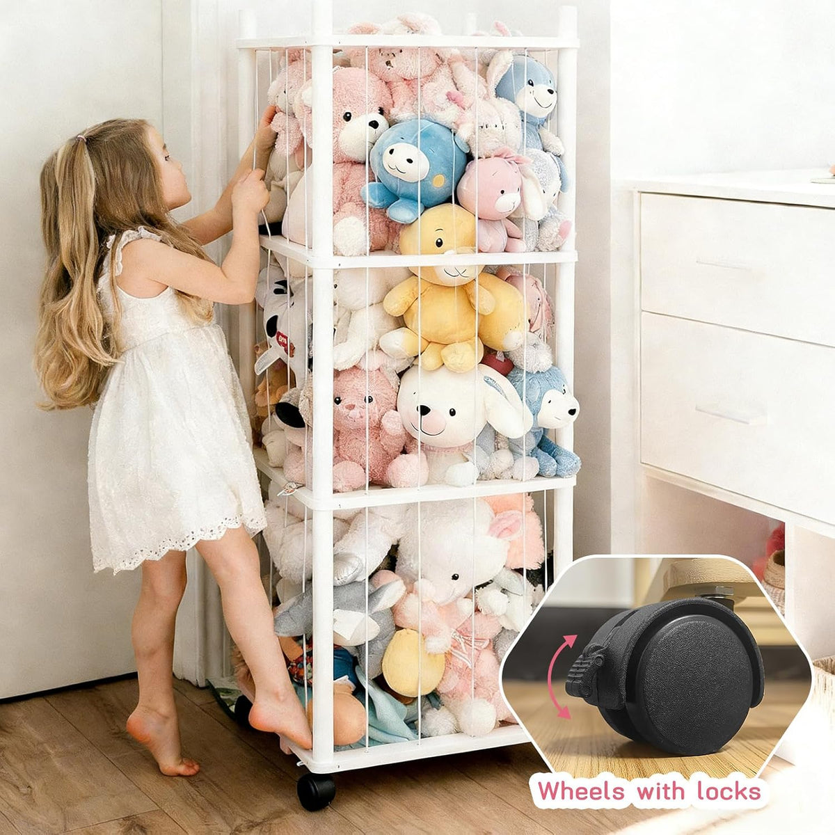 Stuffed Animal Zoo Storage with Lockable Wheels, Black