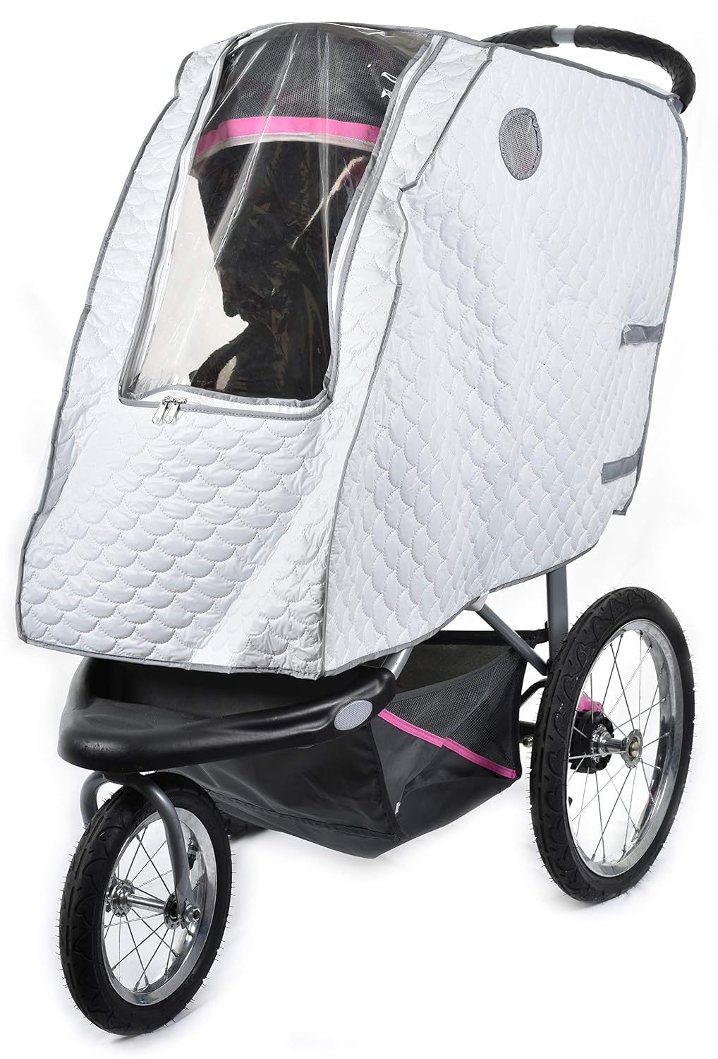 Baby Stroller Rain Cover - Universal Size, Provides Extra Warmth & Shields Child from Wind & Rain. Mesh Material for Ventilation & Reflective Trimming for Night Visibility. (White, Quilted)