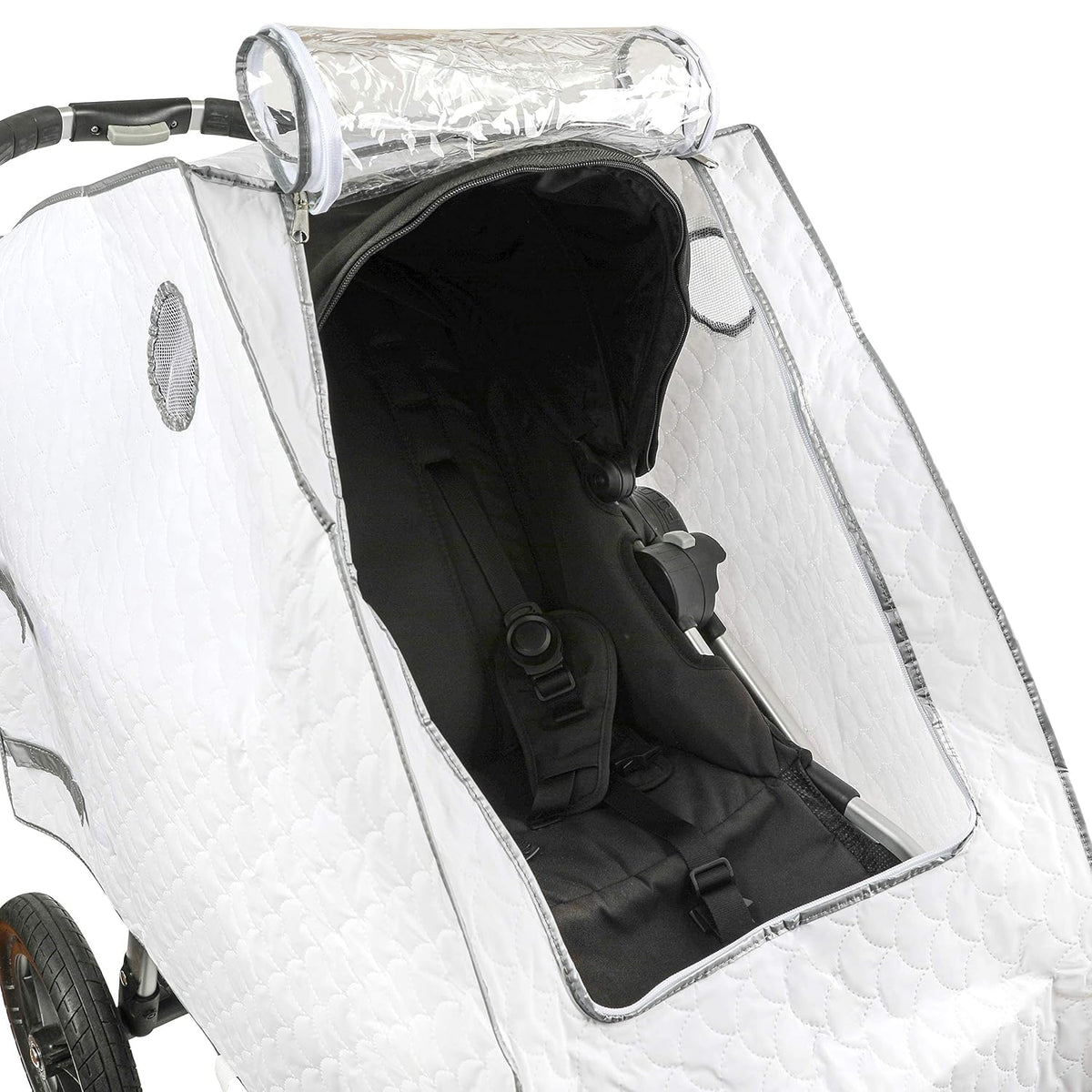 Baby Stroller Rain Cover - Universal Size, Provides Extra Warmth & Shields Child from Wind & Rain. Mesh Material for Ventilation & Reflective Trimming for Night Visibility. (White, Quilted)