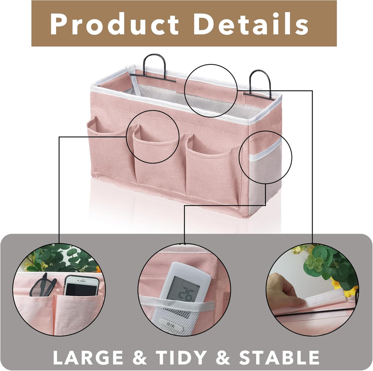 2pcs Light-Style Wall Hanging Storage Bag, Linen Fabric Door Hanging Organizer Baskets with Pockets, Waterproof Bin for Bedroom, Kitchen, Office, RV Camper (Pink-2pcs)