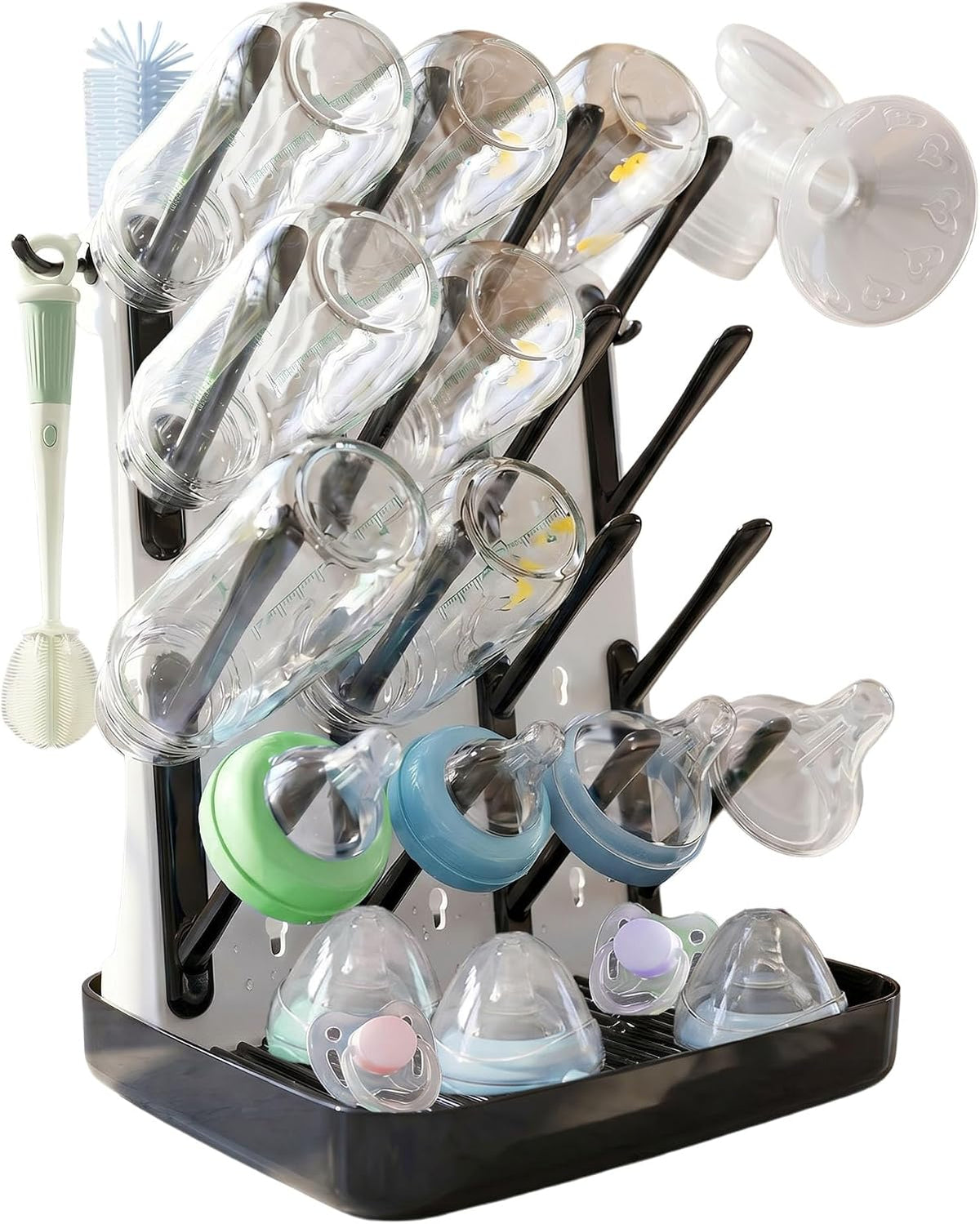 Baby Bottle Drying Rack, Vertical Space Saving Bottle Dryer for Countertop, Holds 12 Bottles, BPA Free Baby Bottle Organizer with Removable Drip Tray for Pacifiers, Pump Parts & Accessories