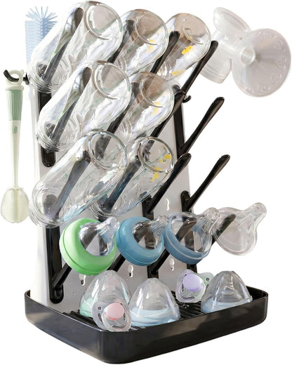 Baby Bottle Drying Rack, Vertical Space Saving Bottle Dryer for Countertop, Holds 12 Bottles, BPA Free Baby Bottle Organizer with Removable Drip Tray for Pacifiers, Pump Parts & Accessories