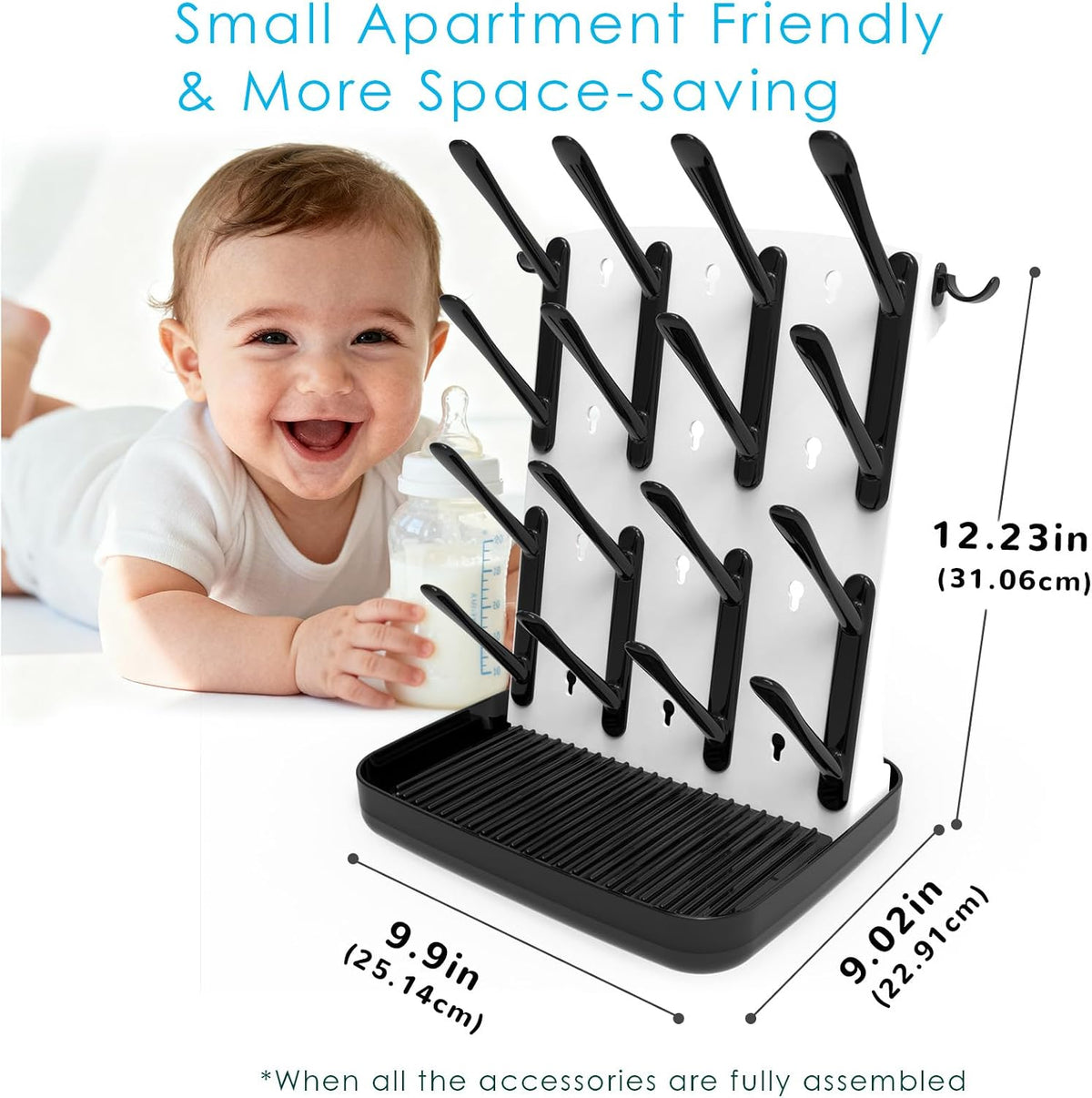 Baby Bottle Drying Rack, Vertical Space Saving Bottle Dryer for Countertop, Holds 12 Bottles, BPA Free Baby Bottle Organizer with Removable Drip Tray for Pacifiers, Pump Parts & Accessories