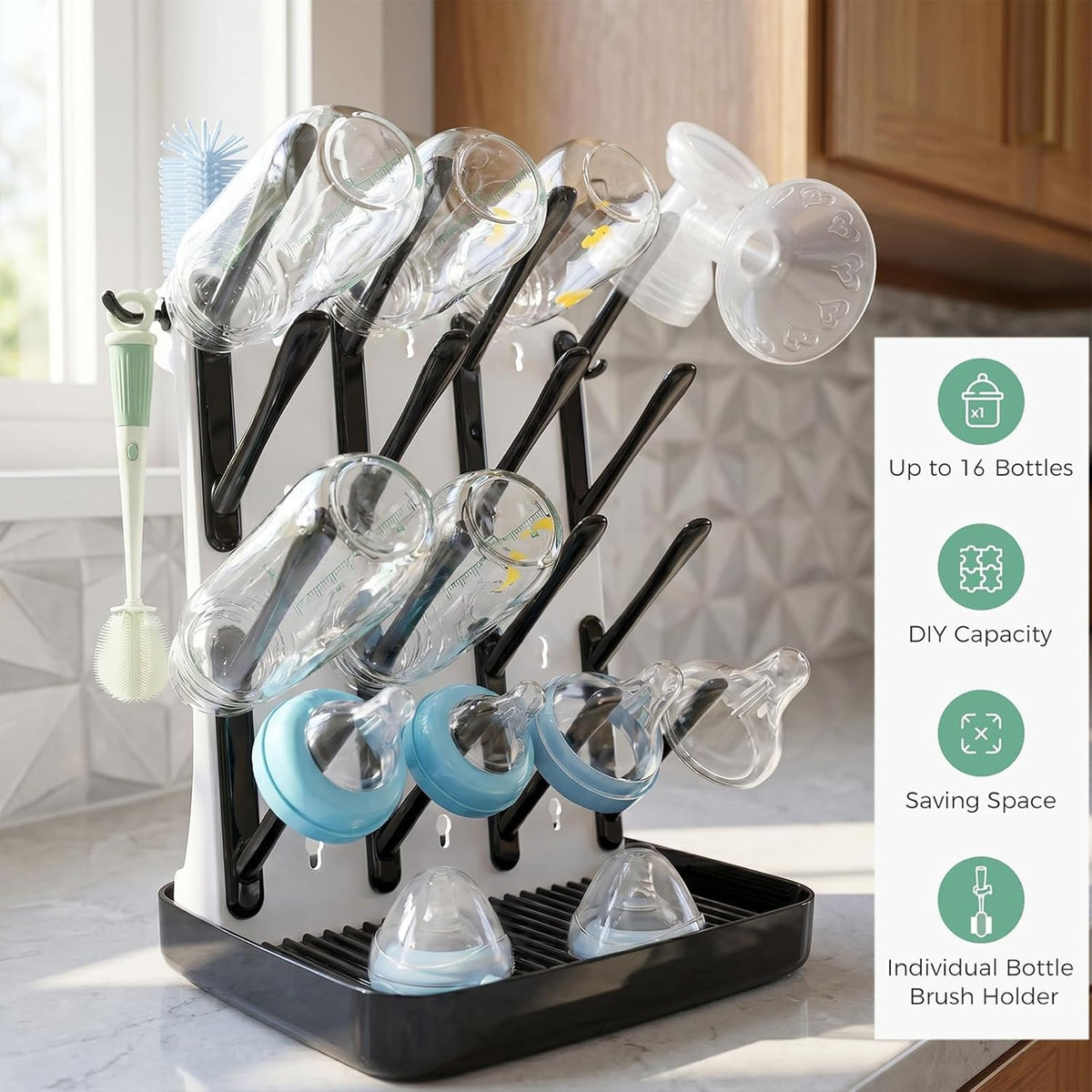 Baby Bottle Drying Rack, Vertical Space Saving Bottle Dryer for Countertop, Holds 12 Bottles, BPA Free Baby Bottle Organizer with Removable Drip Tray for Pacifiers, Pump Parts & Accessories