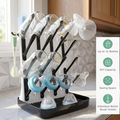 Baby Bottle Drying Rack, Vertical Space Saving Bottle Dryer for Countertop, Holds 12 Bottles, BPA Free Baby Bottle Organizer with Removable Drip Tray for Pacifiers, Pump Parts & Accessories