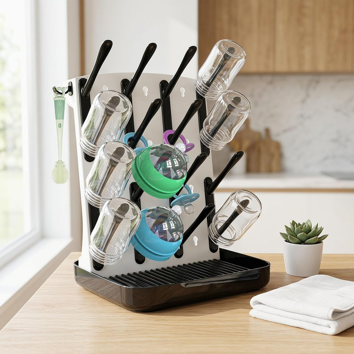 Baby Bottle Drying Rack, Vertical Space Saving Bottle Dryer for Countertop, Holds 12 Bottles, BPA Free Baby Bottle Organizer with Removable Drip Tray for Pacifiers, Pump Parts & Accessories