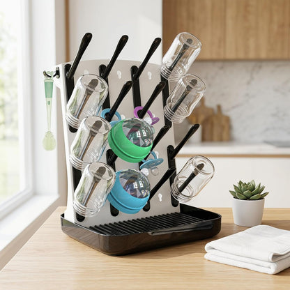Baby Bottle Drying Rack, Vertical Space Saving Bottle Dryer for Countertop, Holds 12 Bottles, BPA Free Baby Bottle Organizer with Removable Drip Tray for Pacifiers, Pump Parts & Accessories