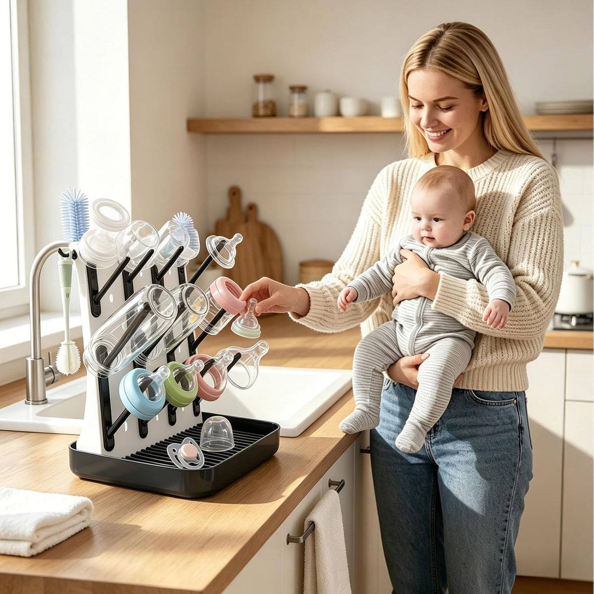 Baby Bottle Drying Rack, Vertical Space Saving Bottle Dryer for Countertop, Holds 12 Bottles, BPA Free Baby Bottle Organizer with Removable Drip Tray for Pacifiers, Pump Parts & Accessories