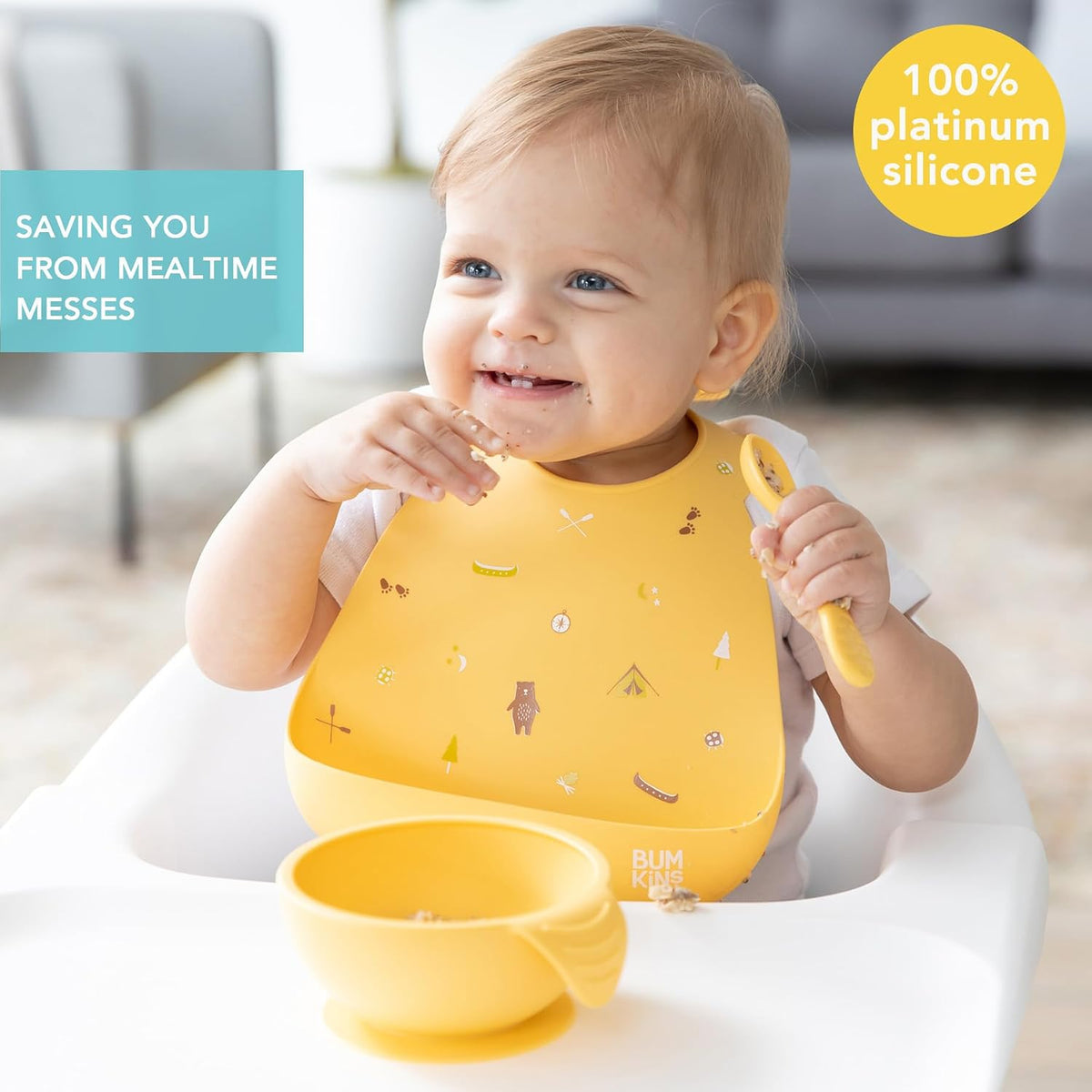 Bibs, Silicone Pocket for Babies, Baby Bib for Girl or Boy, for 6-24 Months Up to Toddler, Essential Must Have for Eating, Feeding, Baby Led Weaning Supplies, Mess Saving, Camp Gear Yellow
