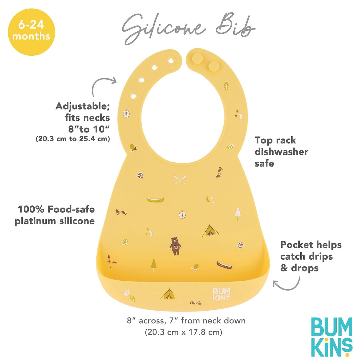 Bibs, Silicone Pocket for Babies, Baby Bib for Girl or Boy, for 6-24 Months Up to Toddler, Essential Must Have for Eating, Feeding, Baby Led Weaning Supplies, Mess Saving, Camp Gear Yellow