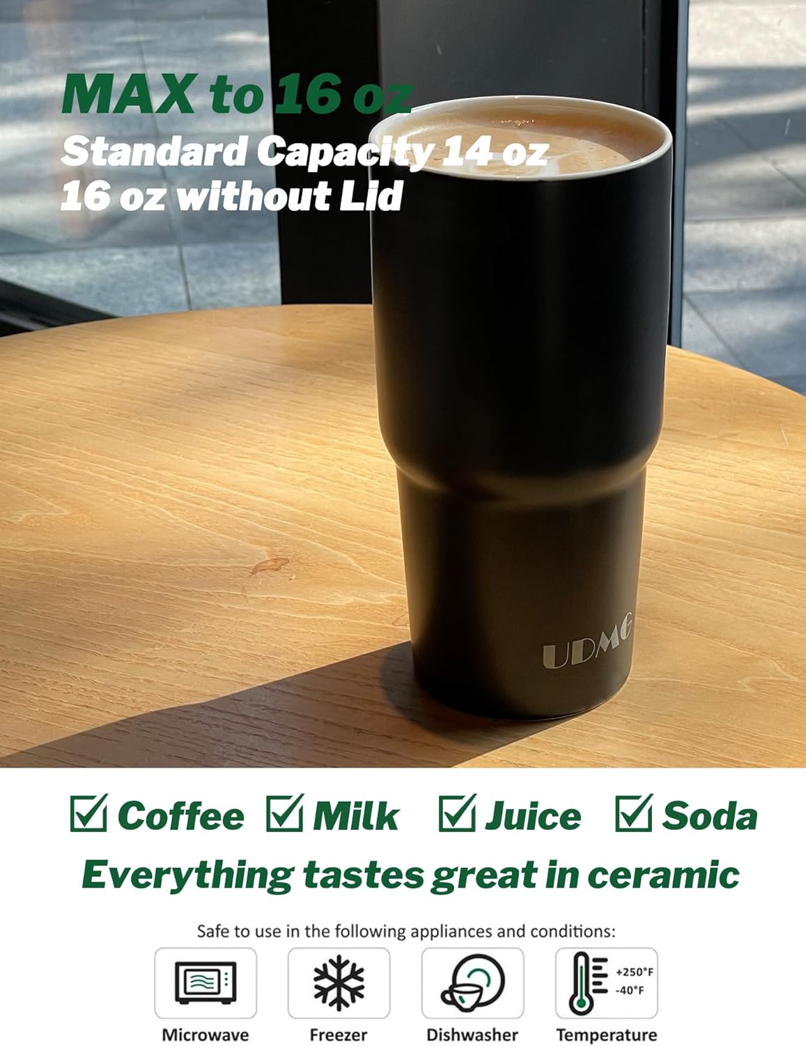 Ceramic Double Wall Insulated Travel Coffee Cup, 16oz, Matte Black | Double Wall Ceramic Insulated, Slider Lid & Silicone Boot, Grande Tumbler for Kitchen, Microwave-Safe, Dishwasher-Safe