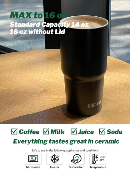 Ceramic Double Wall Insulated Travel Coffee Cup, 16oz, Matte Black | Double Wall Ceramic Insulated, Slider Lid & Silicone Boot, Grande Tumbler for Kitchen, Microwave-Safe, Dishwasher-Safe