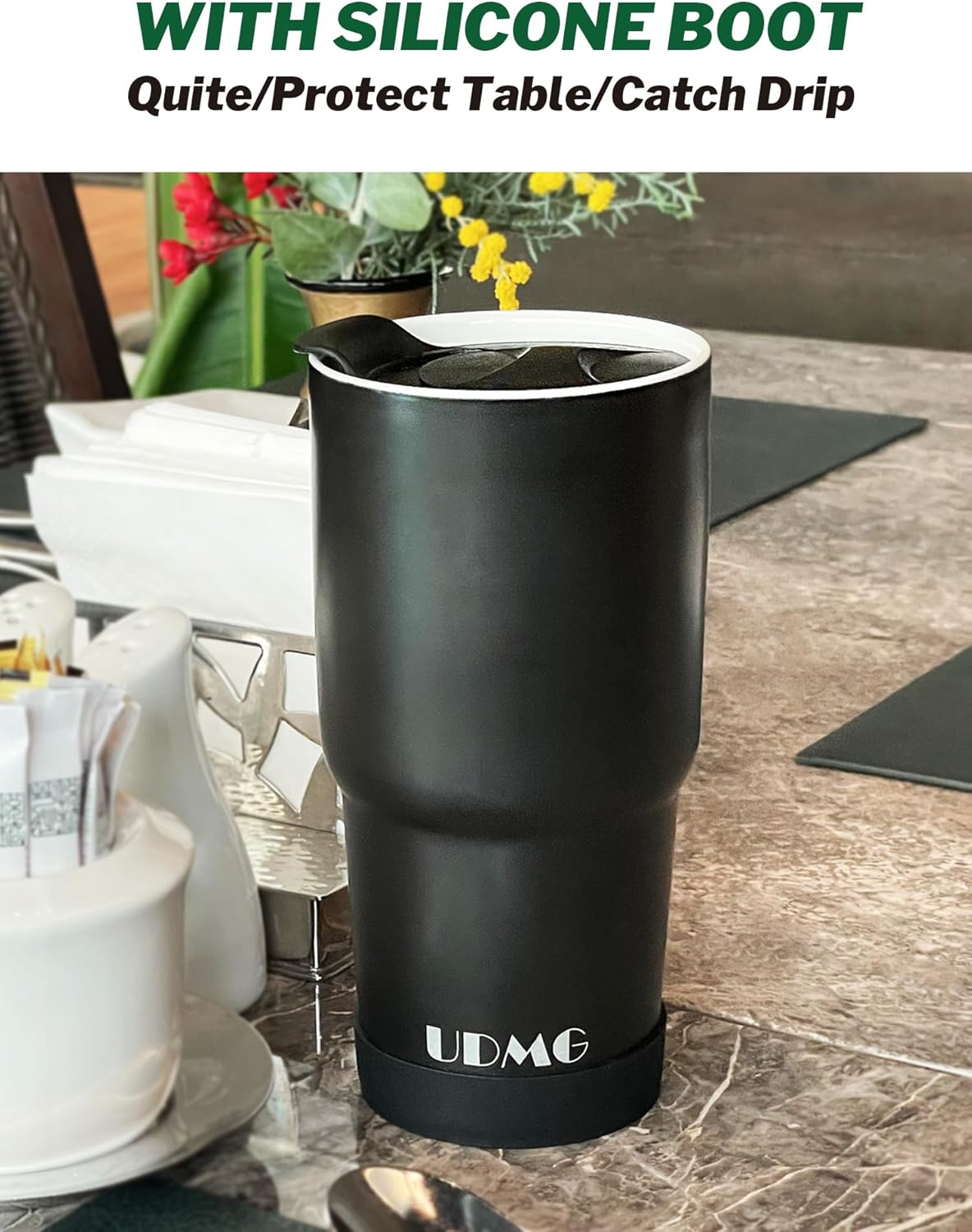 Ceramic Double Wall Insulated Travel Coffee Cup, 16oz, Matte Black | Double Wall Ceramic Insulated, Slider Lid & Silicone Boot, Grande Tumbler for Kitchen, Microwave-Safe, Dishwasher-Safe