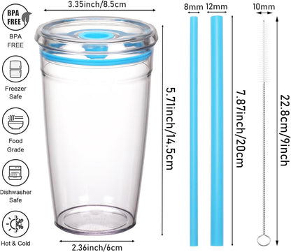 Tritan Plastic Tumbler with Lid and Straw, 16oz Premium Insulated Iced Coffee Cups, Reusable Plastic Cups with Lid and Straw, Blue