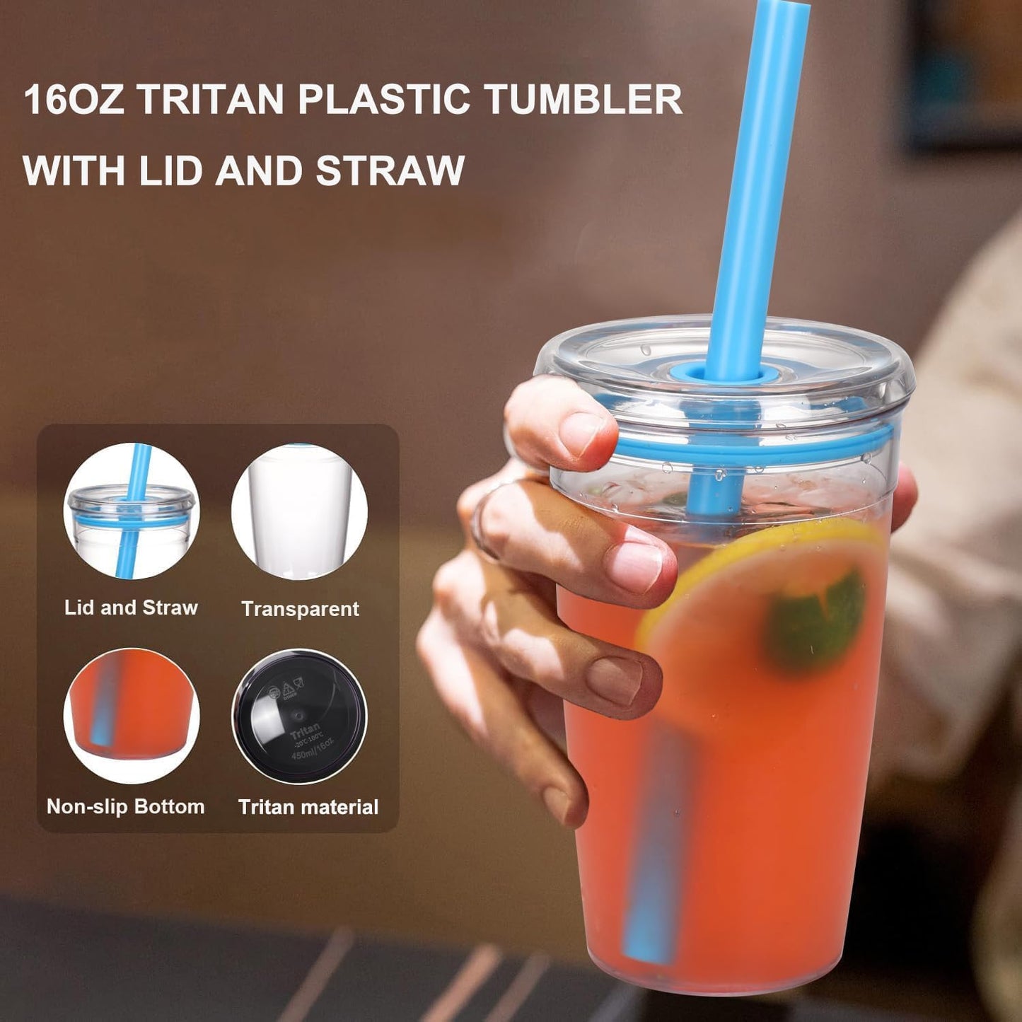 Tritan Plastic Tumbler with Lid and Straw, 16oz Premium Insulated Iced Coffee Cups, Reusable Plastic Cups with Lid and Straw, Blue