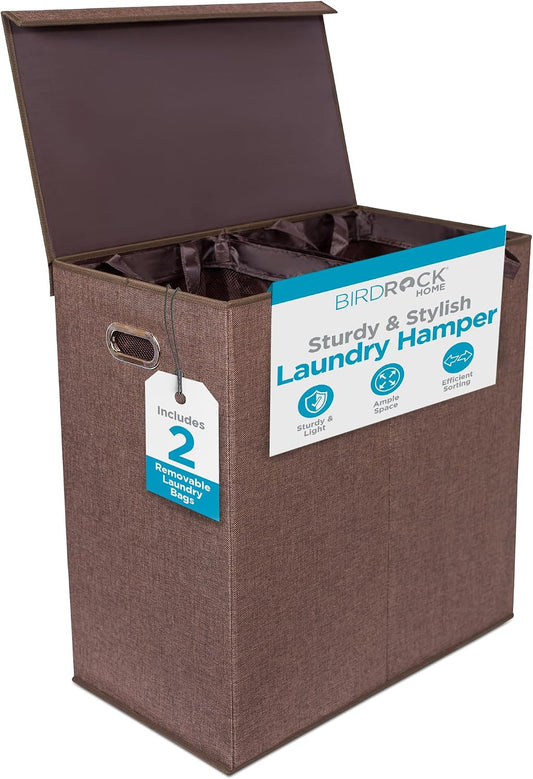 Laundry Hamper with Lid | Removable Bags for Sorting Clothes | Sectioned Laundry Basket for Bedroom & Bathroom | Collapsible Storage Bin with Cover | Double, Brown