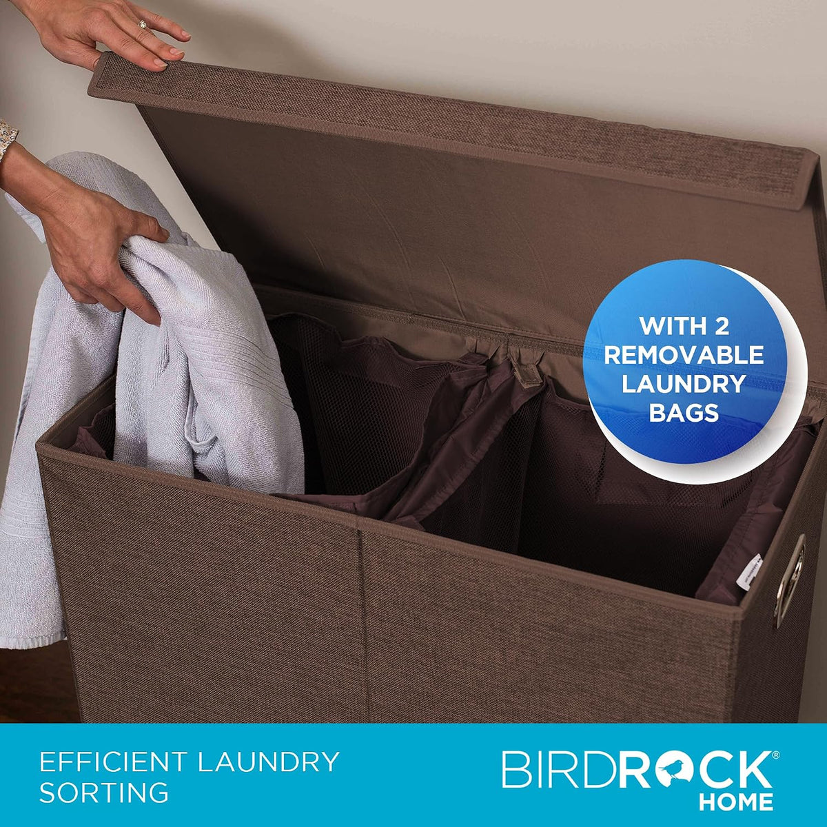 Laundry Hamper with Lid | Removable Bags for Sorting Clothes | Sectioned Laundry Basket for Bedroom & Bathroom | Collapsible Storage Bin with Cover | Double, Brown