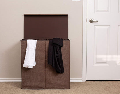 Laundry Hamper with Lid | Removable Bags for Sorting Clothes | Sectioned Laundry Basket for Bedroom & Bathroom | Collapsible Storage Bin with Cover | Double, Brown