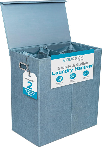 Laundry Hamper with Lid | Removable Bags for Sorting Clothes | Sectioned Laundry Basket for Bedroom & Bathroom | Collapsible Storage Bin with Cover | Double, Brown