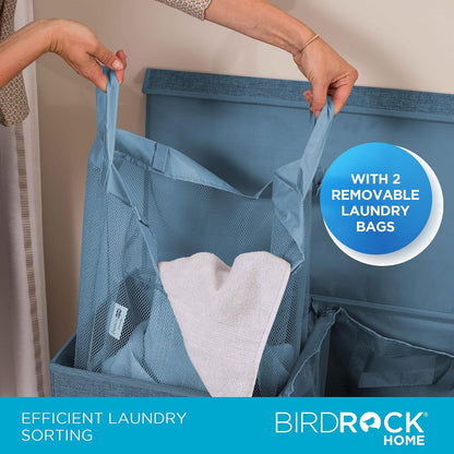 Laundry Hamper with Lid | Removable Bags for Sorting Clothes | Sectioned Laundry Basket for Bedroom & Bathroom | Collapsible Storage Bin with Cover | Double, Brown