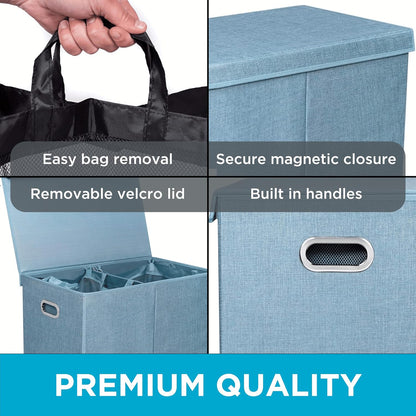 Laundry Hamper with Lid | Removable Bags for Sorting Clothes | Sectioned Laundry Basket for Bedroom & Bathroom | Collapsible Storage Bin with Cover | Double, Brown