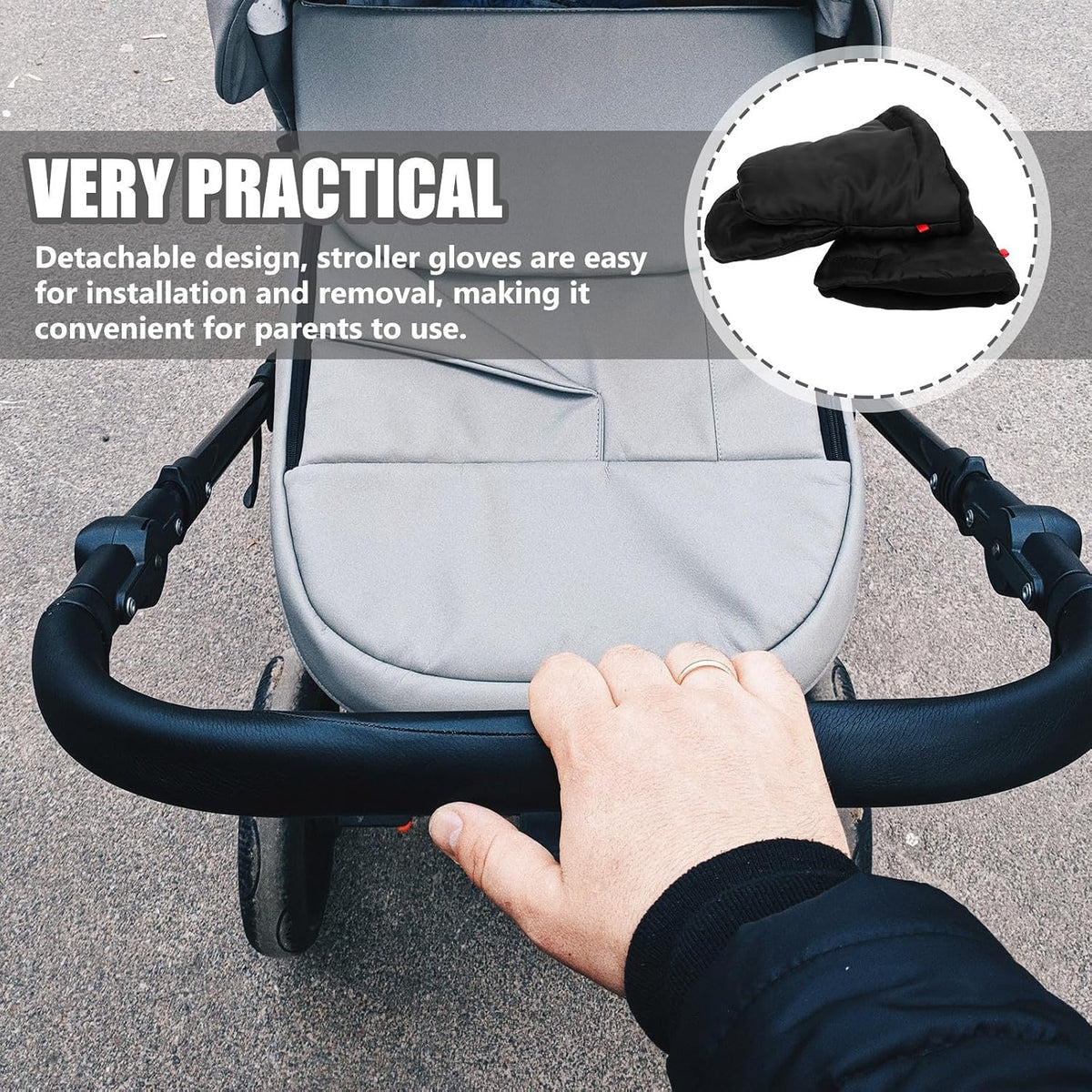 Windproof Stroller Mittens for Winter, Insulated Black Hand Muff