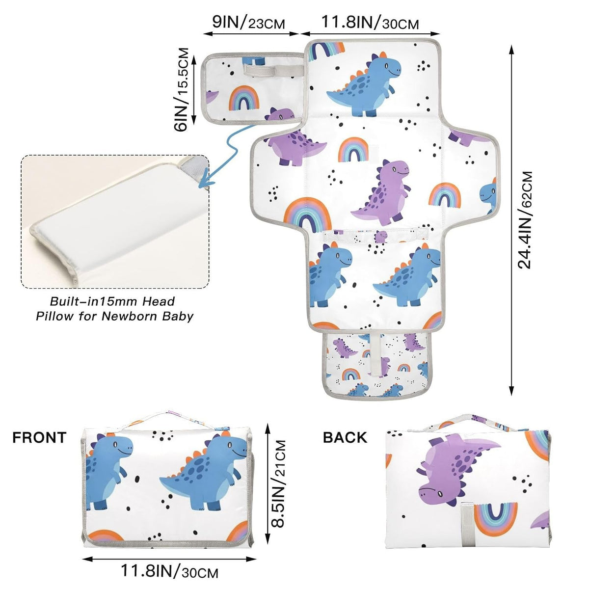 Dinosaurs Rainbows Print Portable Diaper Changing Pad for Family