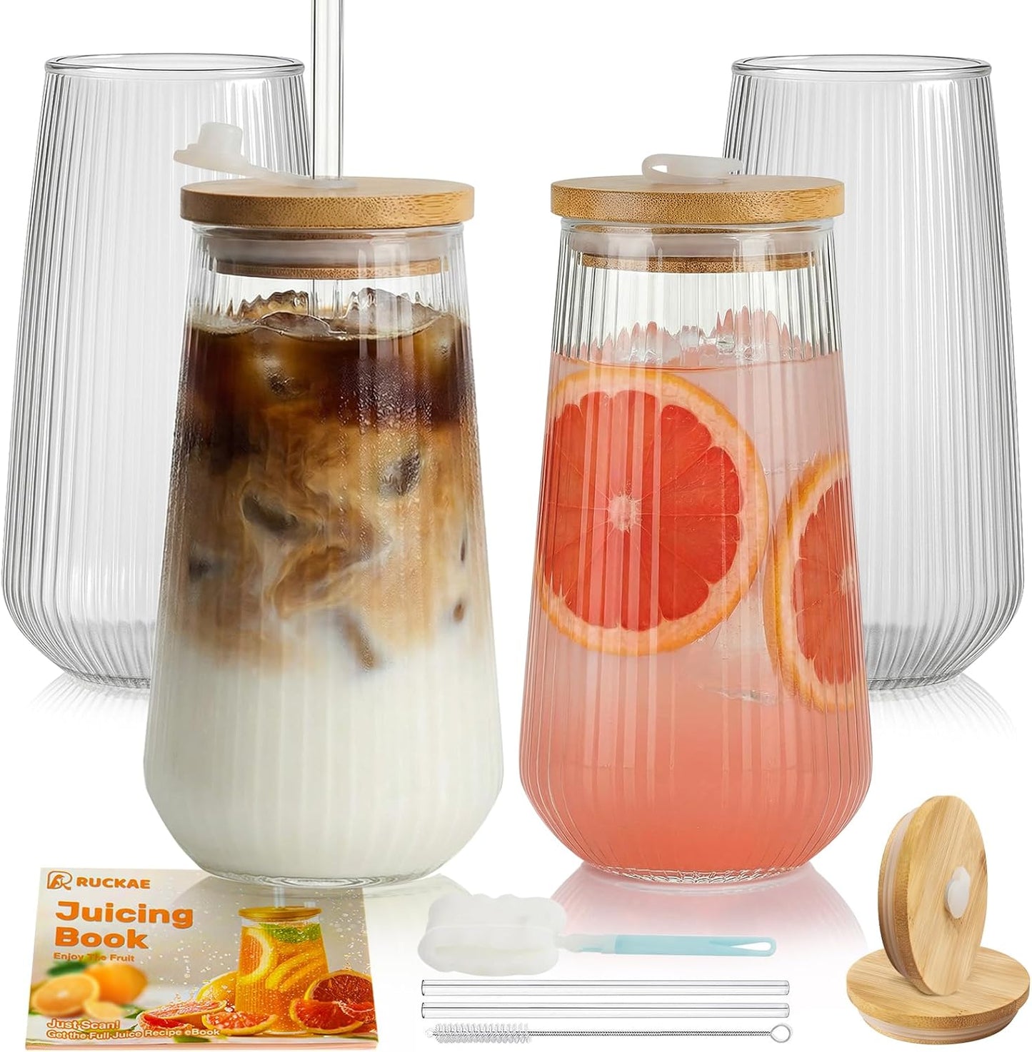 Borosilicate Glass Cups with Lids and Straws,16oz Reusable Iced Coffee Cup with Lid Glass Cups 4 Pack for Coffee Bar Accessories,Smoothie,Juice,Durable Clear Tumbler Cups for Home,Office,Travel