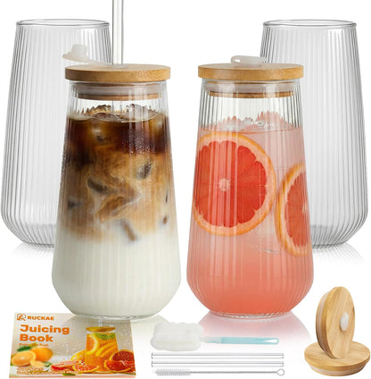 Borosilicate Glass Cups with Lids and Straws,16oz Reusable Iced Coffee Cup with Lid Glass Cups 4 Pack for Coffee Bar Accessories,Smoothie,Juice,Durable Clear Tumbler Cups for Home,Office,Travel