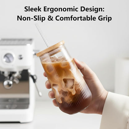 Borosilicate Glass Cups with Lids and Straws,16oz Reusable Iced Coffee Cup with Lid Glass Cups 4 Pack for Coffee Bar Accessories,Smoothie,Juice,Durable Clear Tumbler Cups for Home,Office,Travel