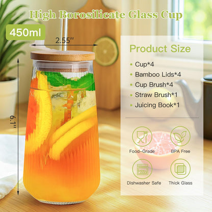 Borosilicate Glass Cups with Lids and Straws,16oz Reusable Iced Coffee Cup with Lid Glass Cups 4 Pack for Coffee Bar Accessories,Smoothie,Juice,Durable Clear Tumbler Cups for Home,Office,Travel