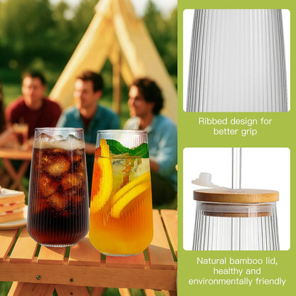 Borosilicate Glass Cups with Lids and Straws,16oz Reusable Iced Coffee Cup with Lid Glass Cups 4 Pack for Coffee Bar Accessories,Smoothie,Juice,Durable Clear Tumbler Cups for Home,Office,Travel