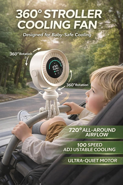 Stroller Fan with Flexible Tripod, 720° Rotation Portable Rechargeable Fan with LED Display, Quiet Cooling Clip Fan for Car Seat & Crib, Travel Essentials for Outdoor, Beach, Cruise (White)